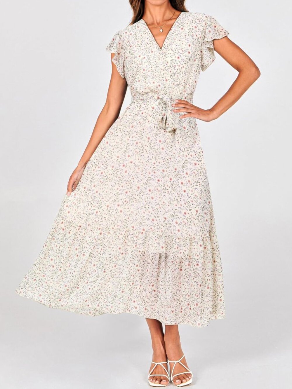 Women Summer Bohemian Floral Casual Wrap V Neck Ruffle Cap Sleeveless Belt A-Lin - Picture 2 of 7